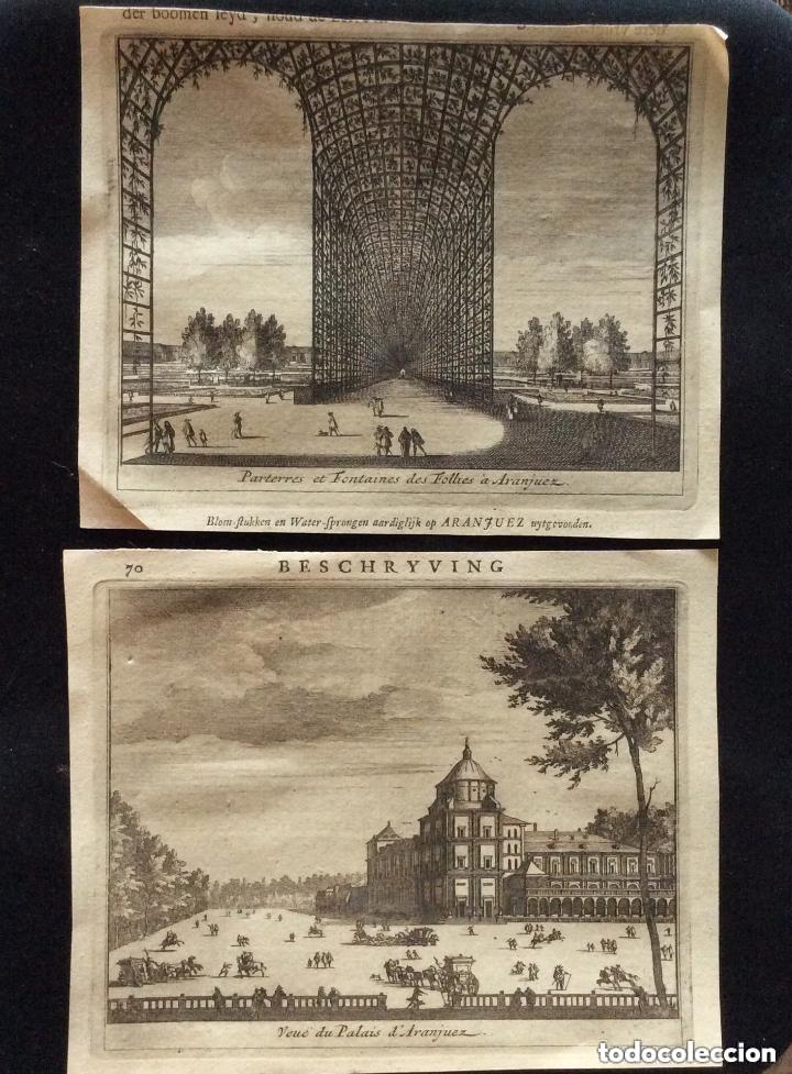 Arte: PAREJA DE GRABADOS CALCOGRAFICOS VISTA PALACIO DE ARANJUEZ. Siglo XVIII