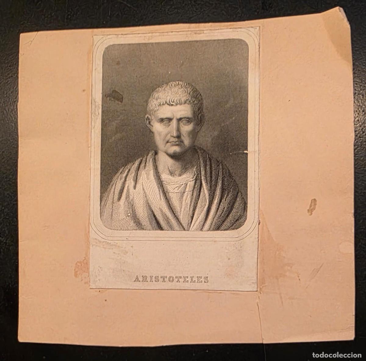 Arte: Grabado antiguo de Arist&oacute;teles &ndash; retrato cl&aacute;sico del fil&oacute;sofo griego &ndash; estampa siglo XIX &ndash; 18 &times; 18