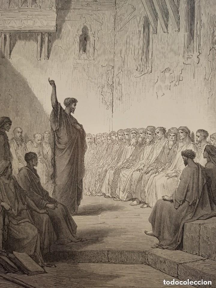 Arte: GRABADO RELIGIOSO, SAN PABLO EN LA SINAGOGA, DORE - JORNARD, ORIGINAL, BARCELONA,1884, GRAN TAMA&Ntilde;O
