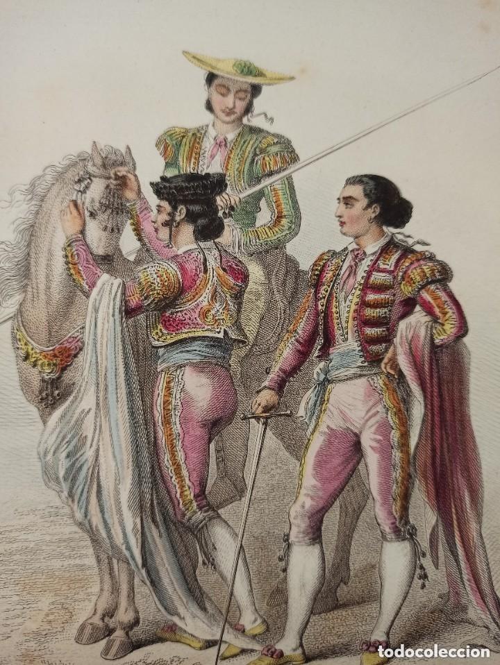 Arte: ESPL&Eacute;NDIDO GRABADO ACERO COLOREADO, TOREROS, CUCHARES, ORIGINAL, PAR&Iacute;S, 1852, BEGIN - ROUARGUE.