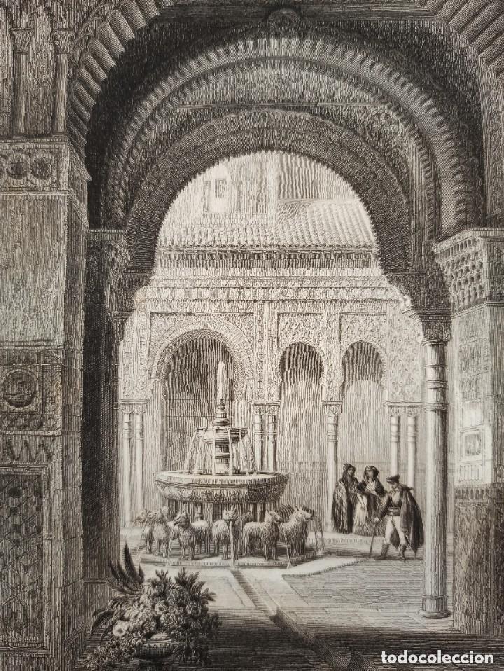 Arte: ESPL&Eacute;NDIDO GRABADO ACERO, FUENTE LEONES, ALHAMBRA,GRANADA, ORIGINAL, PAR&Iacute;S, 1852, BEGIN - ROUARGUE.