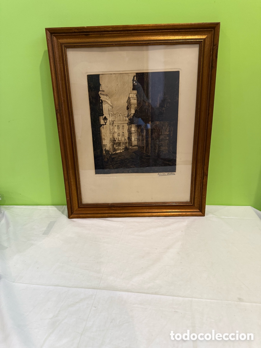 Arte: Antiguo grabado / aguafuerte de paisaje urbano firmado a l&aacute;piz &ndash; enmarcado con cristal