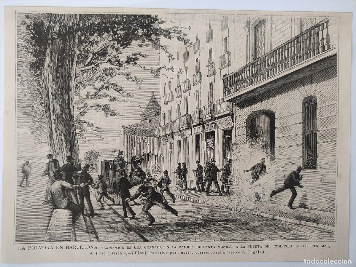 Arte: GRABADO. ESPA&Ntilde;A. BARCELONA. RAMBLA DE SANTA MONICA. ATENTADO CONTRA ESTABLECIMIENTO. SOCIEDAD.