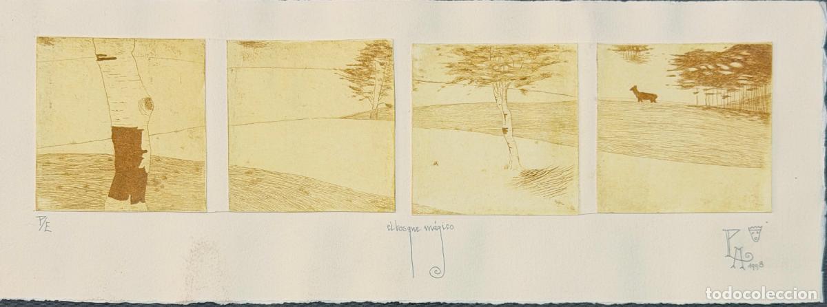 Arte: Grabado de t&iacute;tulo el bosque m&aacute;gico , del a&ntilde;o 1998 , firmado P. A .