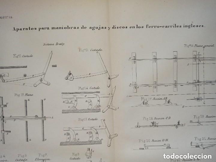 Arte: GRABADO TECNOLOG&Iacute;A S.XIX, AGUJAS Y DISCOS EN FERROCARRILES, ORIGINAL MADRID,1876