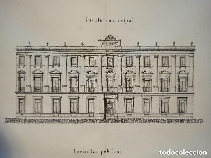 Arte: GRABADO ARQUITECTURA, FACHADAS Y PLANTAS INSTITUTO Y ESCUELAS SAN SEBASTI&Aacute;N, ORIGINAL MADRID,1876