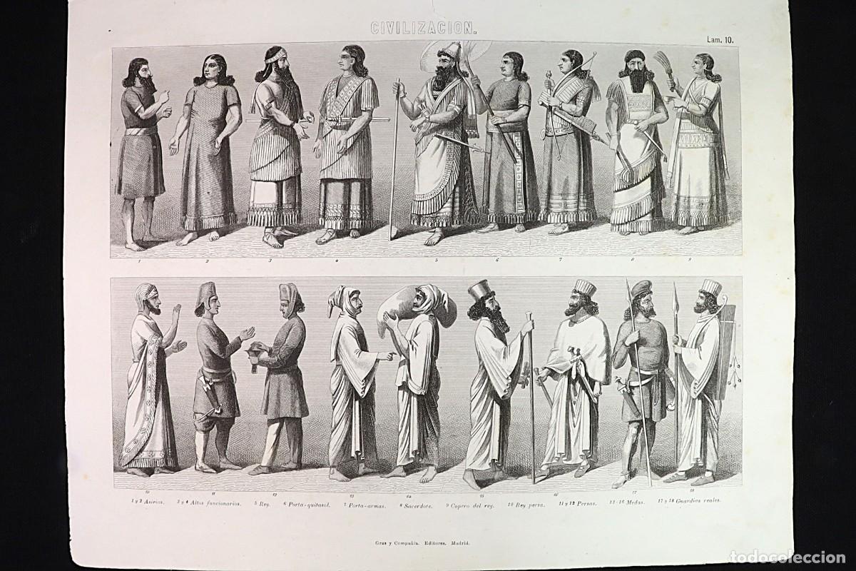 Arte: Grabado Civilizaci&oacute;n 10 Asirios, Persas, Medas. Assyrians, Persians, Medes.