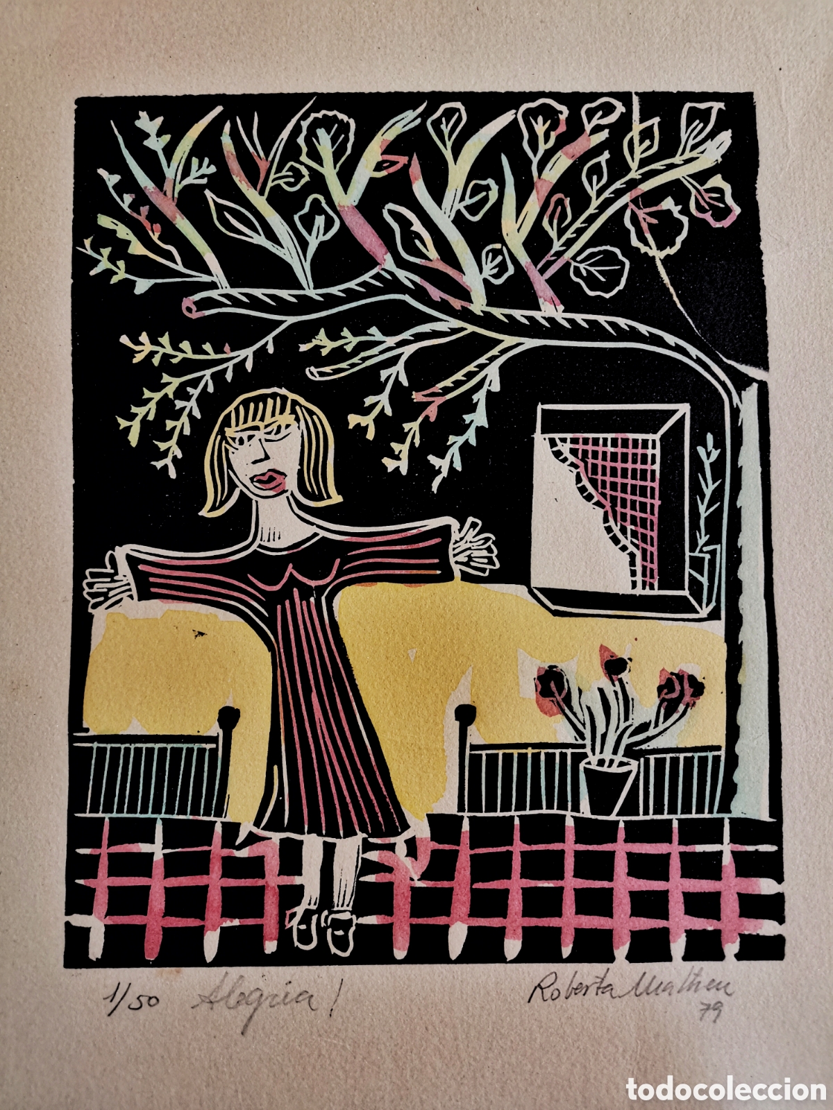 Arte: EXCEPCIONAL GRABADO ORIGINAL DE ROBERTA MATHEU TITULADO: ALEGR&Iacute;A! NUMERADO 1/50
