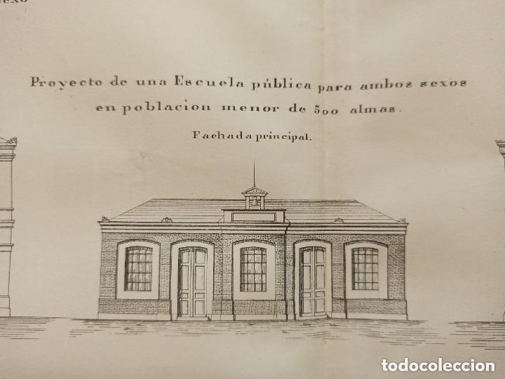 Arte: GRABADO ARQUITECT&Oacute;NICO, PROYECTOS ESCUELAS P&Uacute;BLICAS,HUESCA, ORIGINAL MADRID,1877