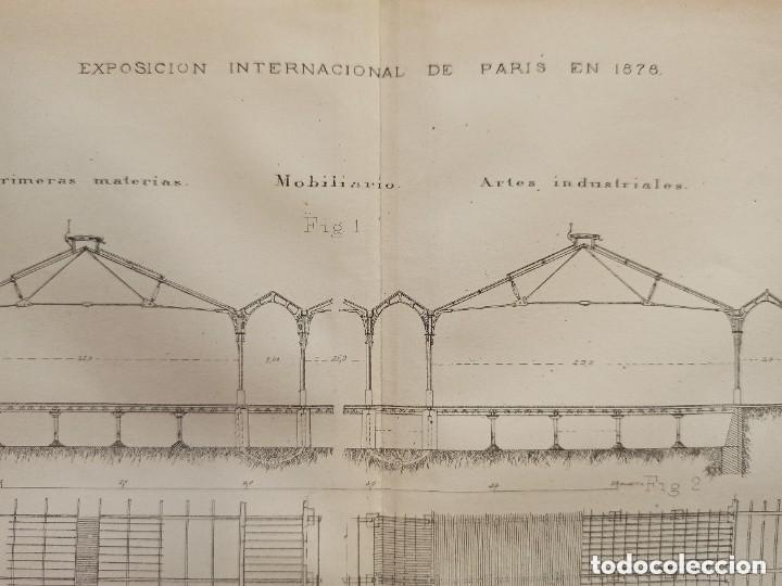 Arte: GRABADO EXPOSICI&Oacute;N PARIS 1878, PLANOS Y ALZADOS, ORIGINAL MADRID,1877