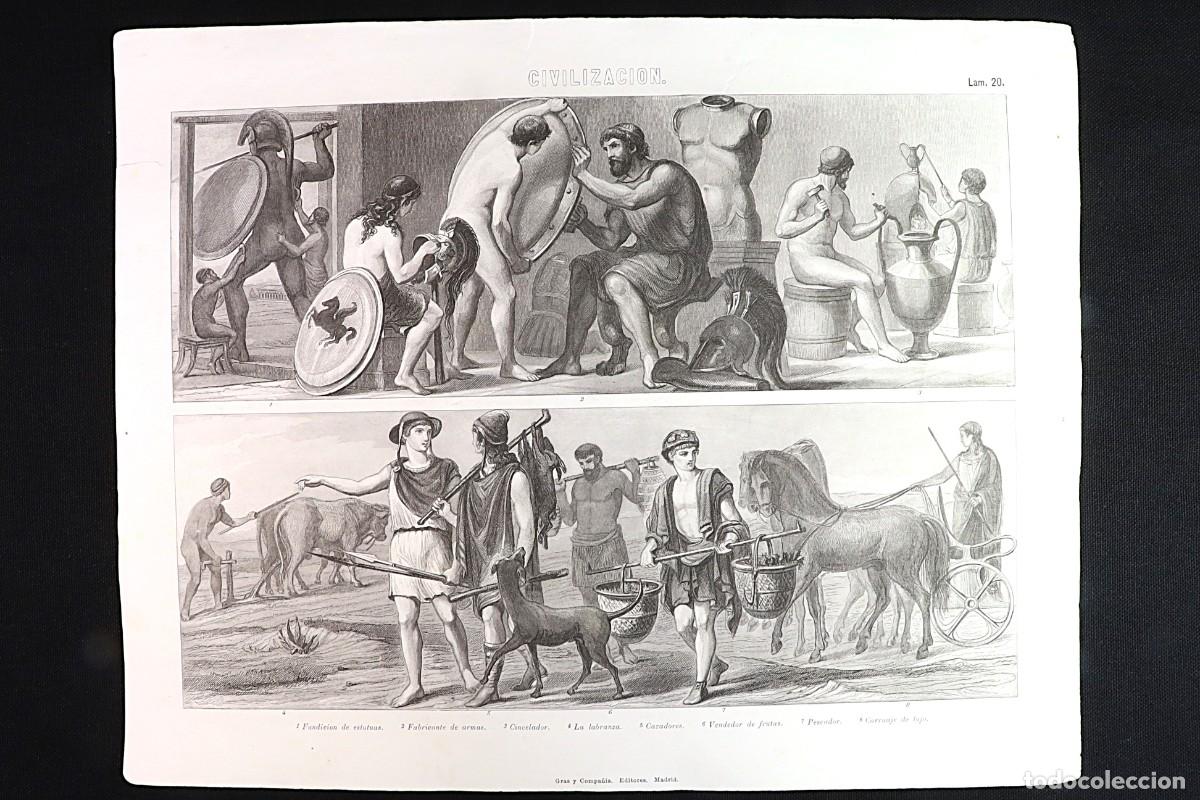 Arte: Grabado Civilizaci&oacute;n 20. Cazadores, labranza, pescador. Hunters, farming, fisherman.
