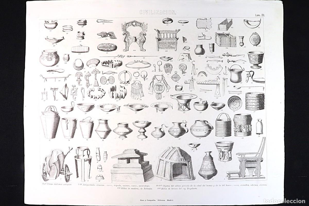Arte: Grabado Civilizaci&oacute;n 28. Utensilios etruscos, de la edad bronce y hierro. Etruscan utensils