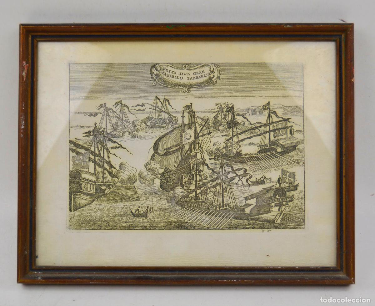 Arte: Presa d'un gran vascello barbaresco, Hubert Vincent, grabado, escena de batalla naval, siglo XX.
