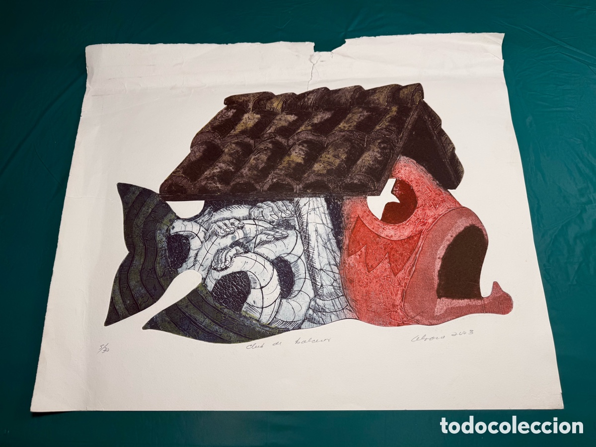 Arte: Grabado original firmado &middot; pez con tejado &middot; 2003