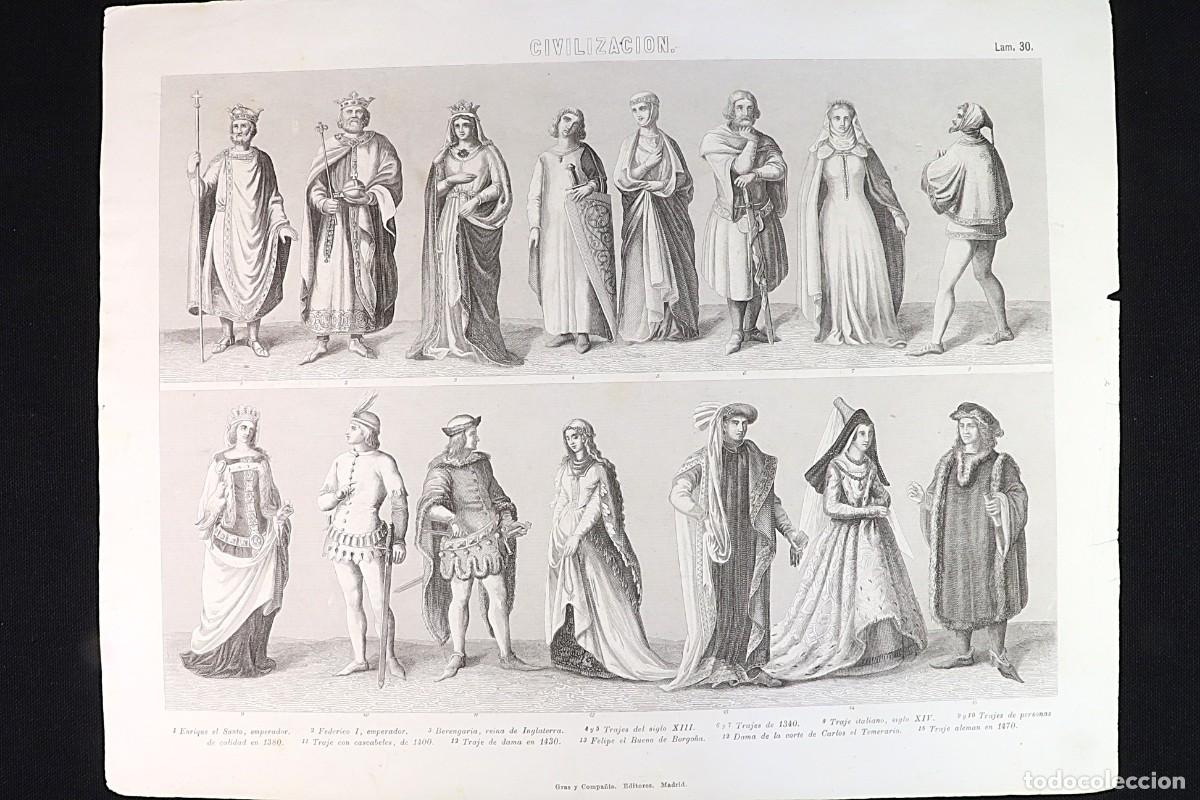 Arte: Grabado Civilizaci&oacute;n 30. Trajes S.XIII, S.XIV, S.XV. Costumes from the 13th, 14th, and 15th Centurie