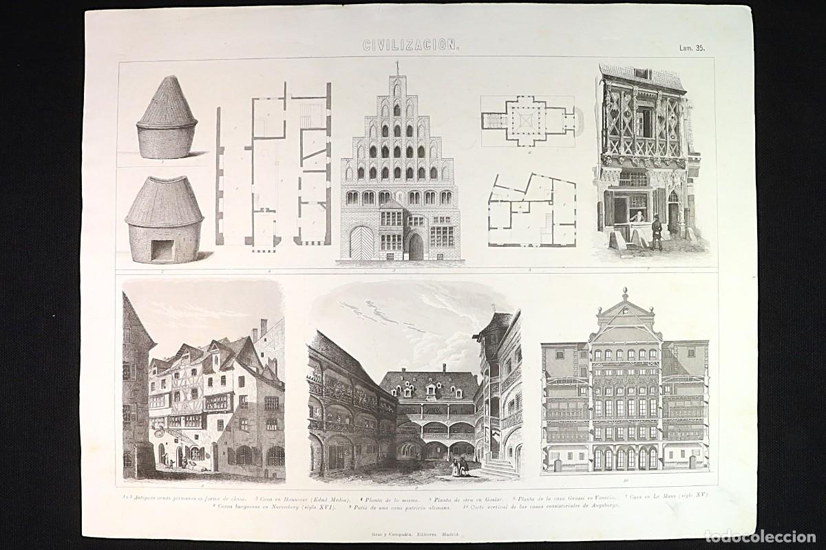 Arte: Grabado Civilizaci&oacute;n 35. Casas alemanas, casa veneciana, Le Mans. German houses, Venetian house.