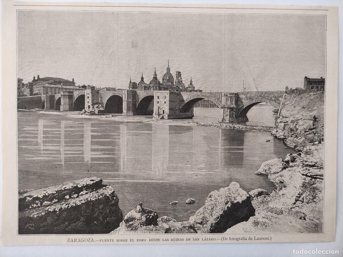Arte: GRABADO. ESPA&Ntilde;A. ZARAGOZA. VISTA DEL EBRO, PUENTE DE PIEDRA Y CATEDRAL DEL PILAR.