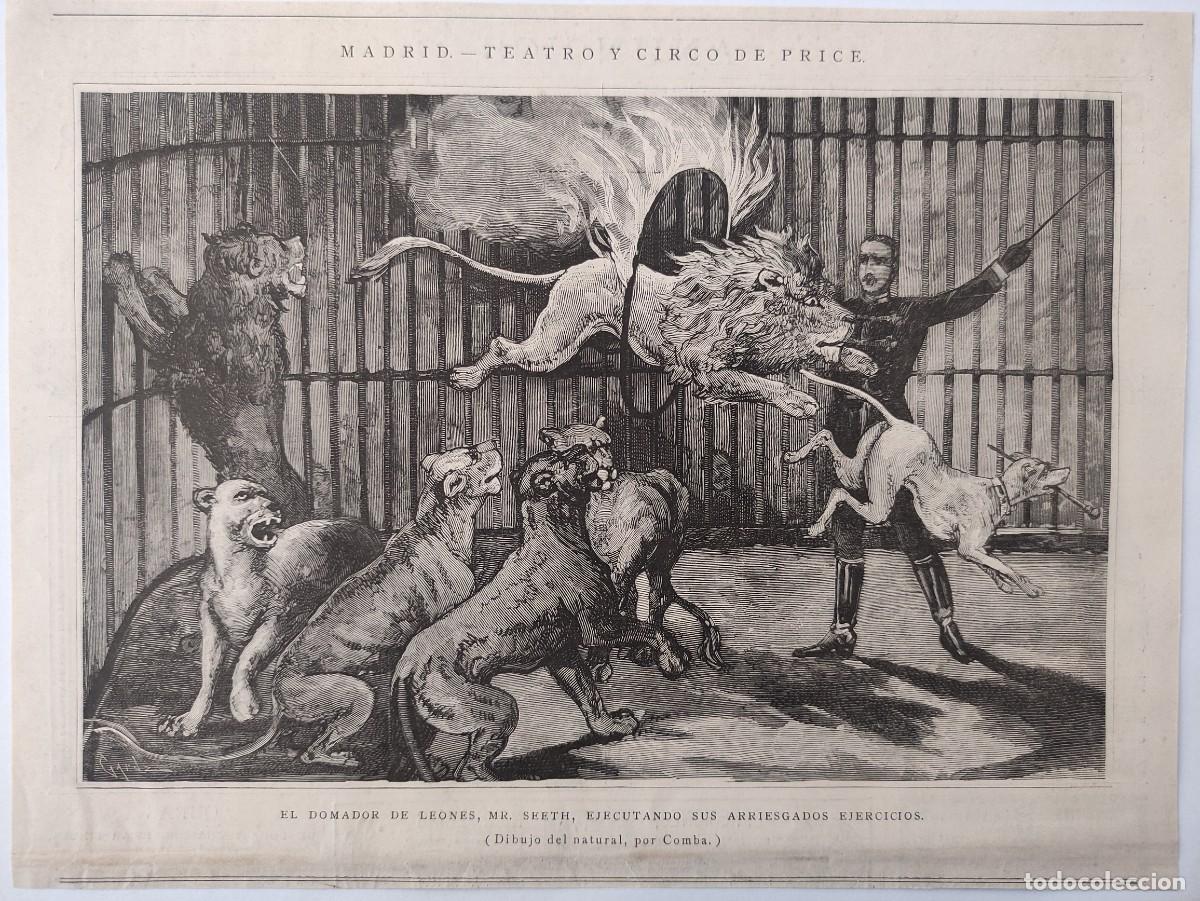 Arte: GRABADO. ESPA&Ntilde;A. MADRID. TEATRO CIRCO PRICE. UN DOMADOR DE LEONES. ANIMALES.
