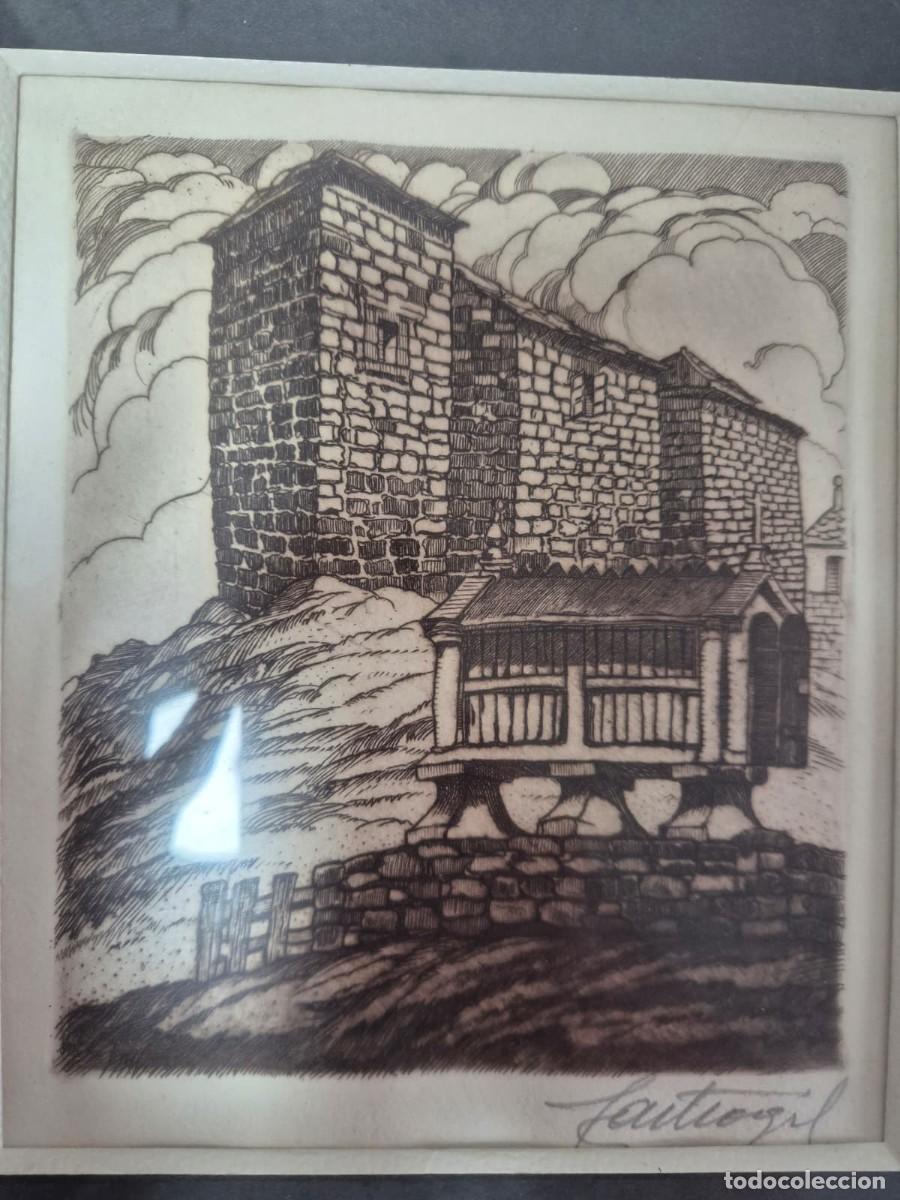 Arte: Grabado antiguo original Manuel Castro Gil - H&oacute;rreo e iglesia gallega, firmado