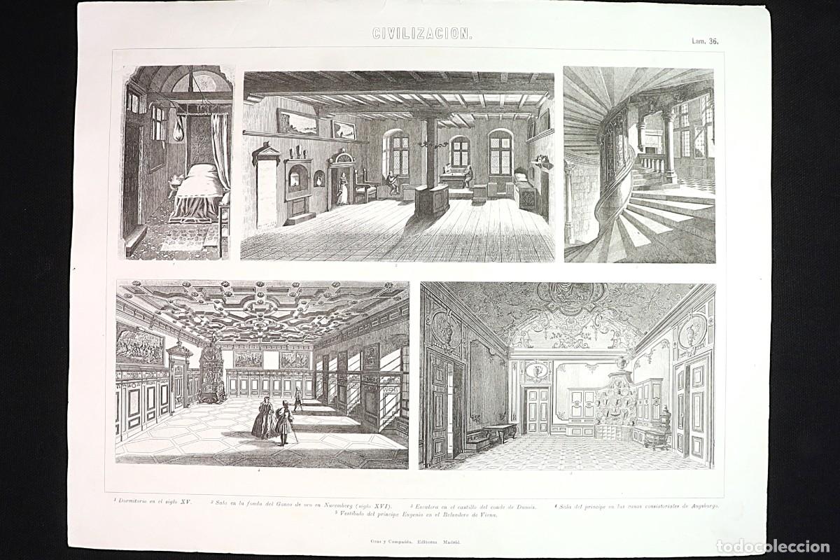 Arte: Grabado Civilizaci&oacute;n 36. Castillo Conde Dunois. Belvedere Viena. Castle of Count Dunois &ndash; Belvedere.