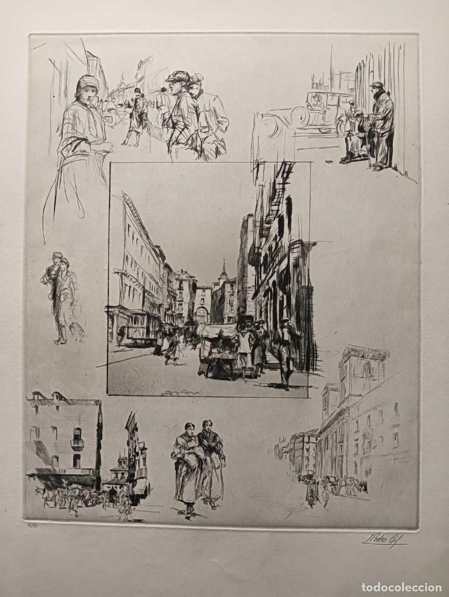 Arte: Jos&eacute; Pedro Gil Moreno de Mora (Par&iacute;s 1892-Tarragona 1945) grabado Plaza Mayor Madrid30x24 papel43x33