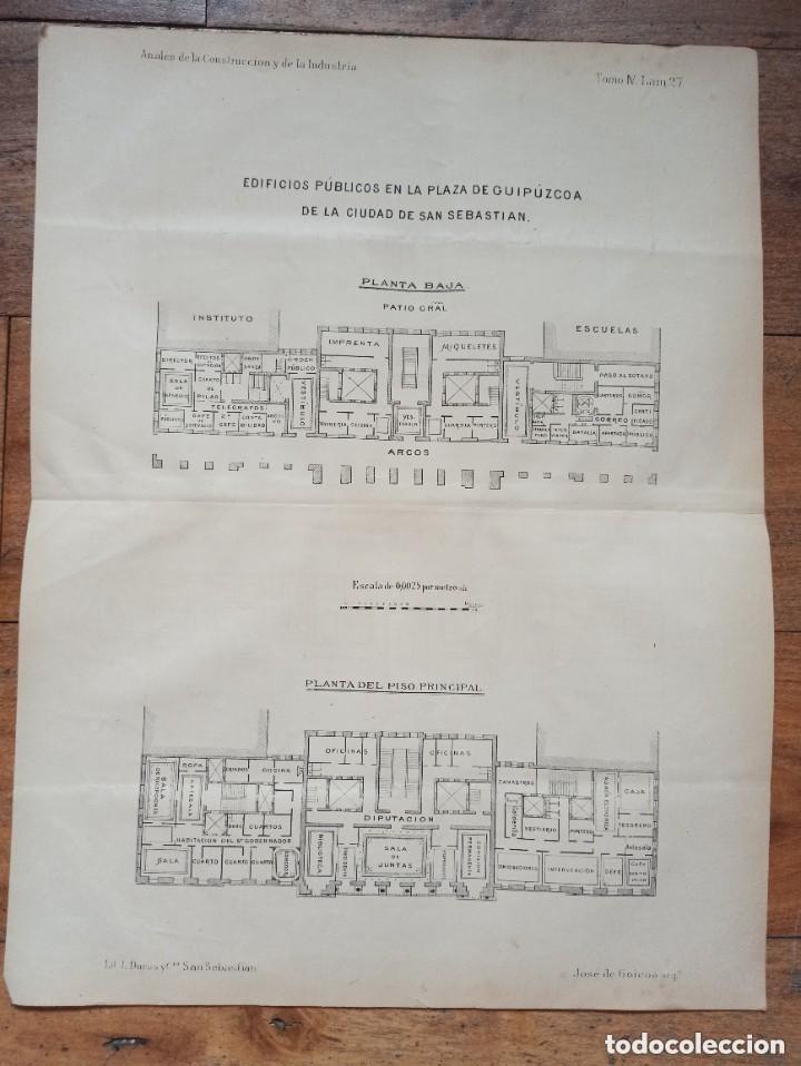 Arte: GRABADO ARQUITECTURA PLANO PLANTAS PALACIO DIPUTACION, SAN SEBASTI&Aacute;N, PA&Iacute;S VASCO, ORIGINAL 1879.