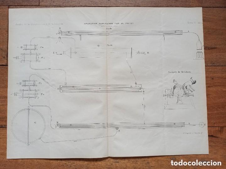Arte: GRABADO TECNOLOG&Iacute;A S.XIX, APARATOS EMPLEADOS LICUACI&Oacute;N OX&Iacute;GENO, ORIGINAL MADRID,1878.
