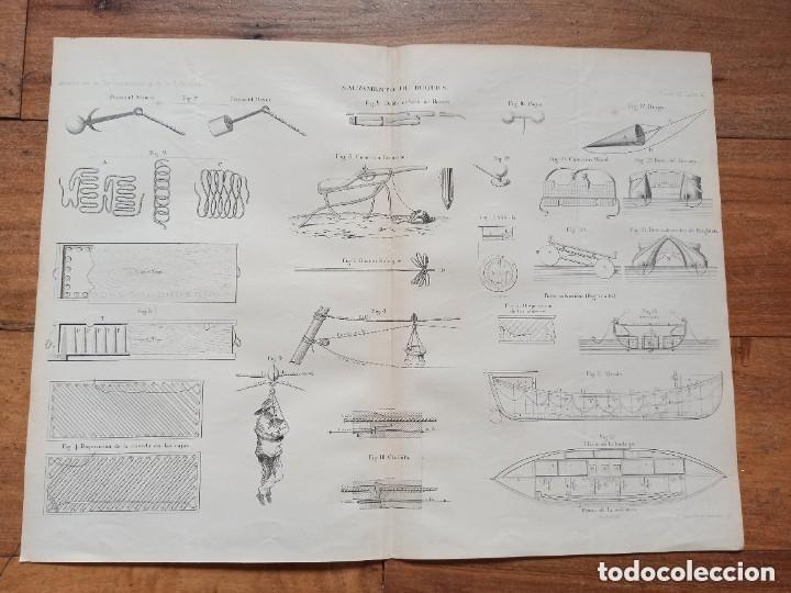 Arte: GRABADO TECNOLOG&Iacute;A S.XIX, SALVAMENTOS DE BUQUES, ORIGINAL MADRID,1878.