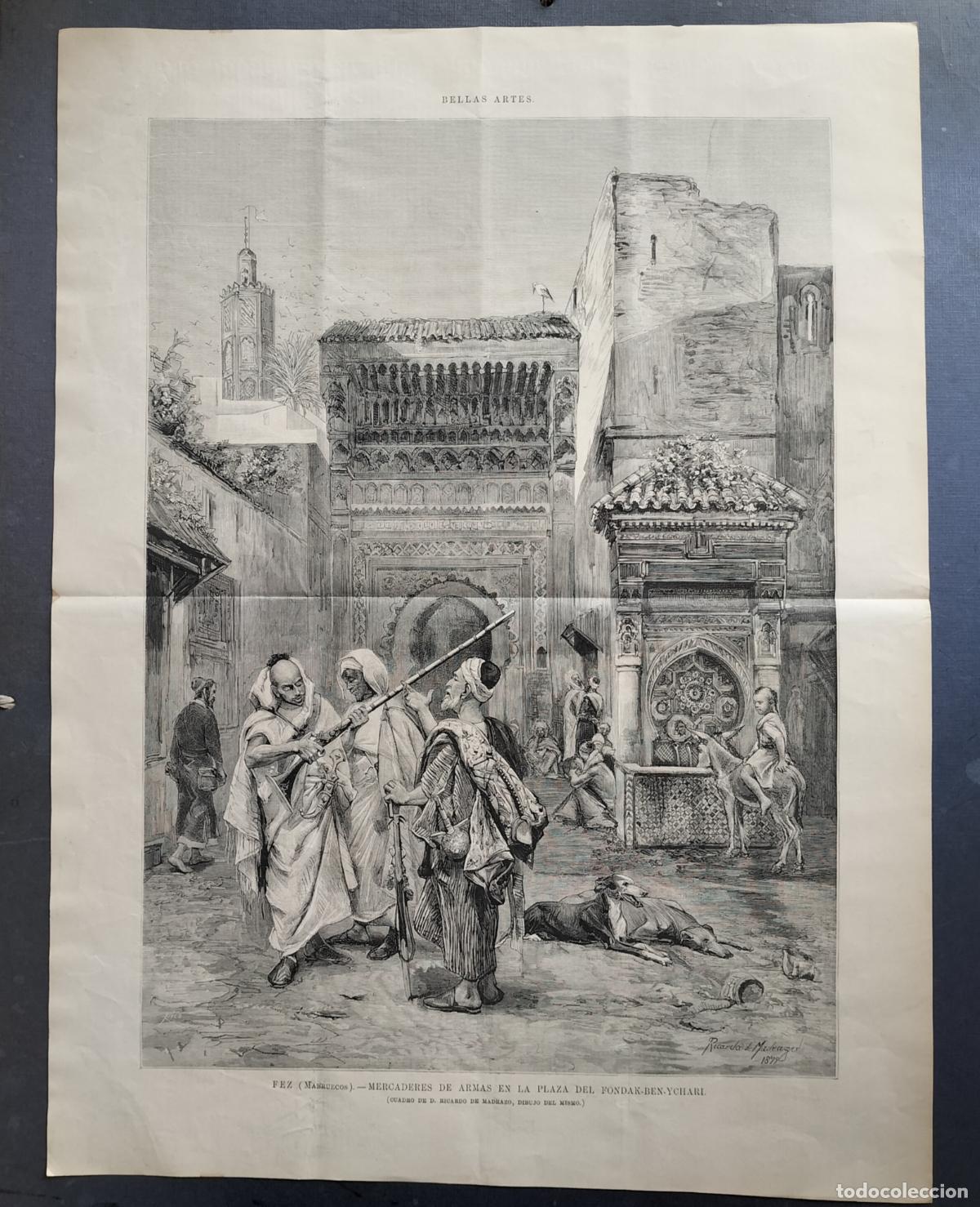 Arte: FEZ (MARRUECOS) MERCADERES DE ARMAS POR RICARDO MADRAZO - XILOGRAF&Iacute;A ORIGINAL DE RICO S. XIX.