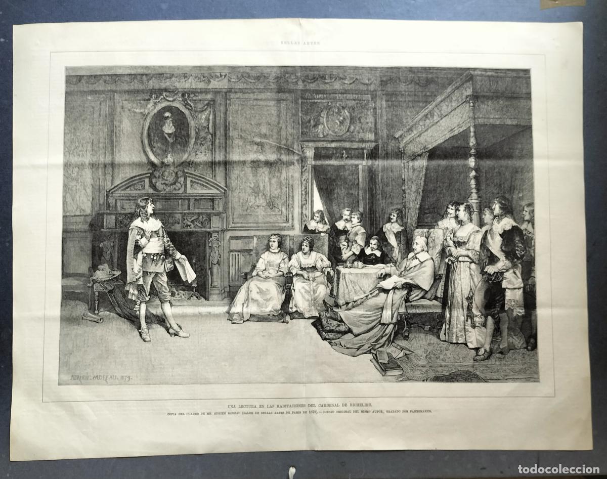 Arte: UNA LECTURA DEL CARDENAL RICHELIEU - ADRIEN MOUREAU - XILOGRAF&Iacute;A ORIGINAL DE PANNEMAKER S. XIX.