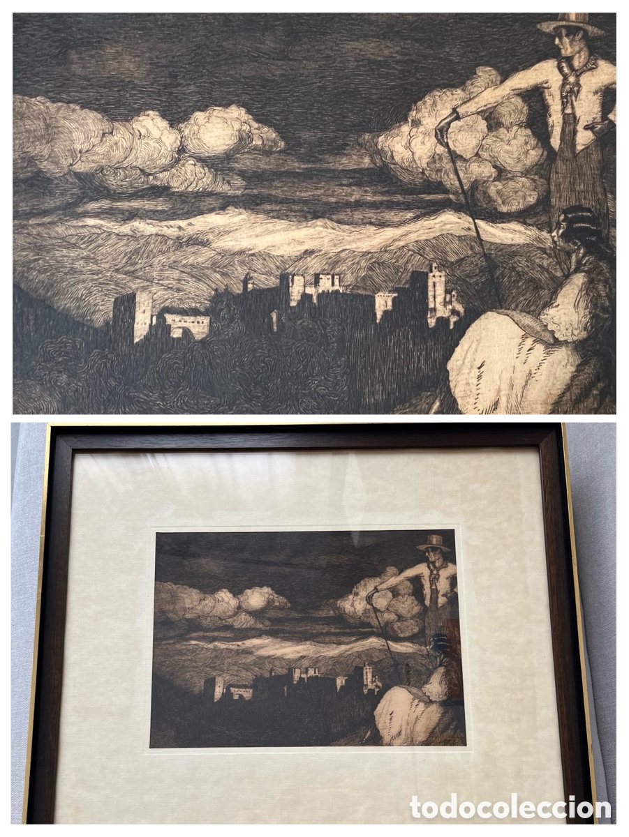 Arte: Grabado aguafuerte con tem&aacute;tica costumbrista andaluza - Alhambra de Granada