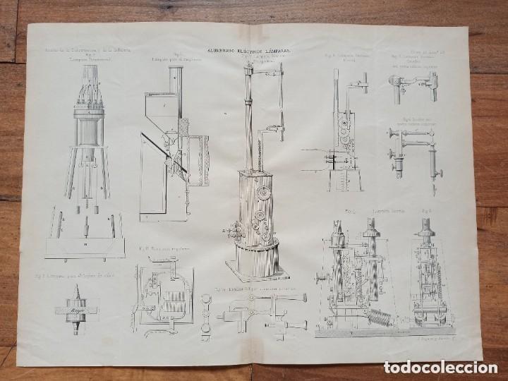 Arte: GRABADO TECNOLOG&Iacute;A S.XIX, LAMPARAS ALUMBRADO ELECTRICO, ORIGINAL MADRID,1878.
