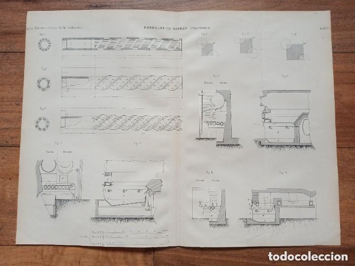 Arte: GRABADO TECNOLOG&Iacute;A S.XIX, PARRILLAS DE BARRAS GIRATORIAS, GAS, ORIGINAL MADRID,1878.