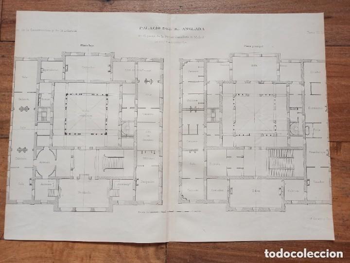 Arte: GRABADO ARQUITECT&Oacute;NICO, PLANO PLANTA BAJA Y PRINCIPAL PALACIO ANGLADA, MADRID, ORIGINAL MADRID,1878.