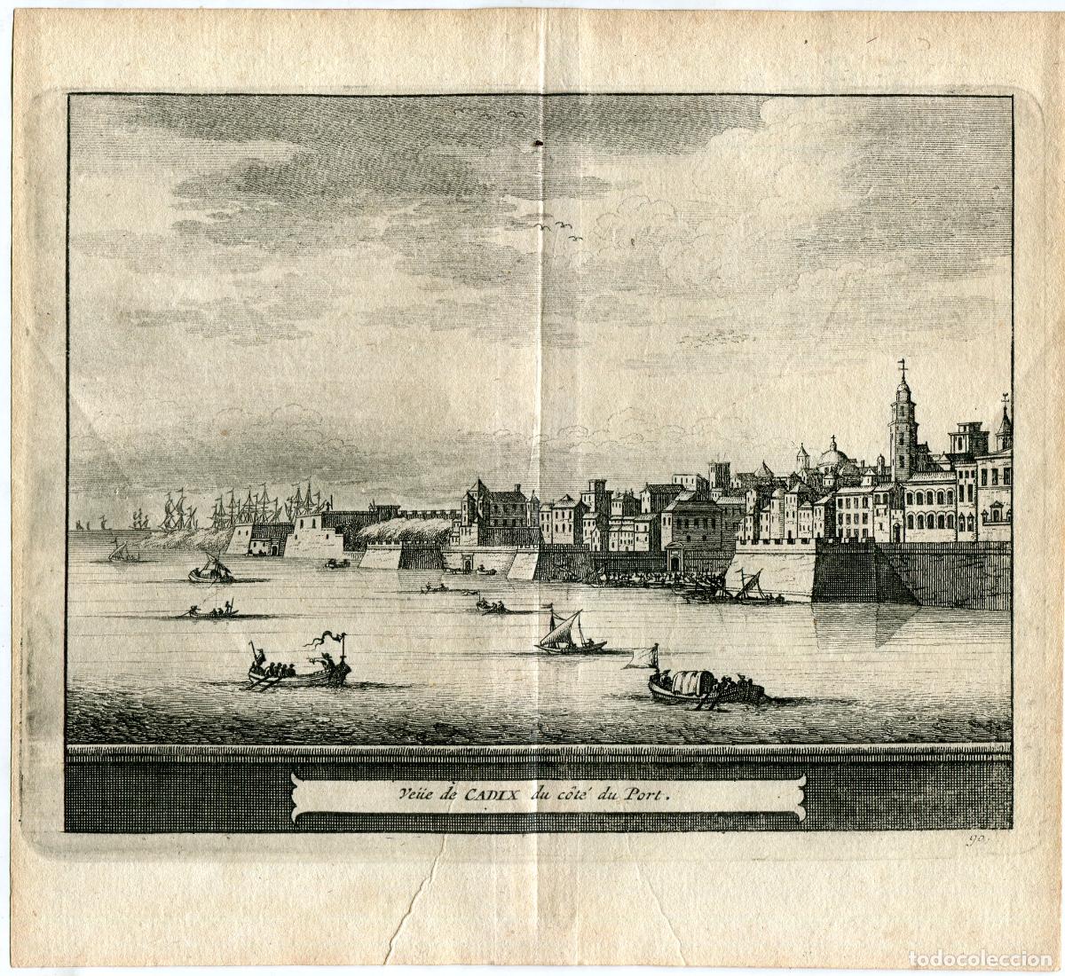 Arte: Vista de C&aacute;diz desde el puerto - Grabado original Van der Aa - 1715