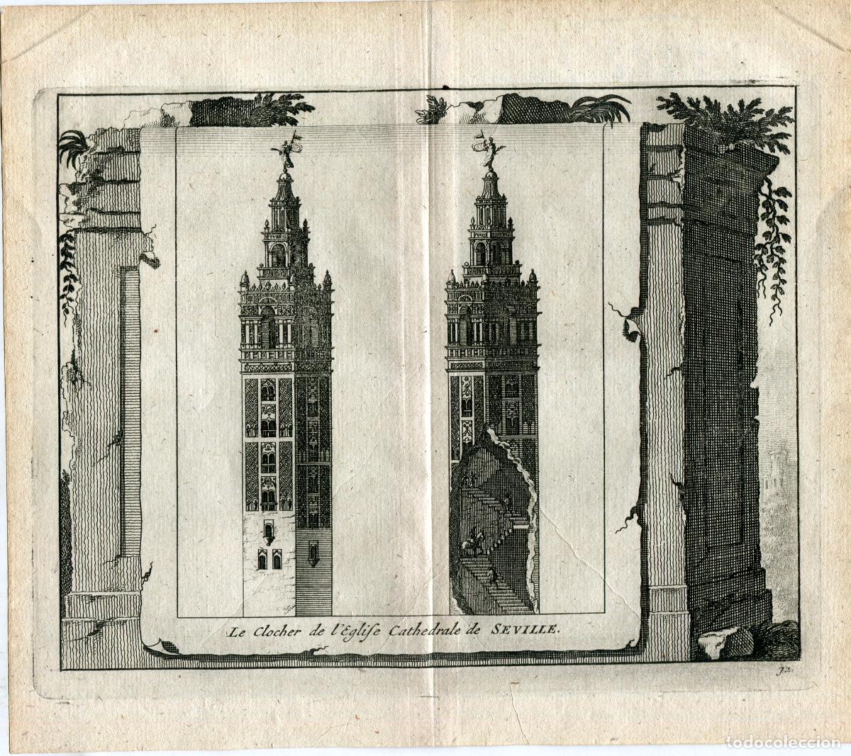 Arte: La Giralda de Sevilla, exterior y secci&oacute;n - Grabado original Van der Aa - 1715
