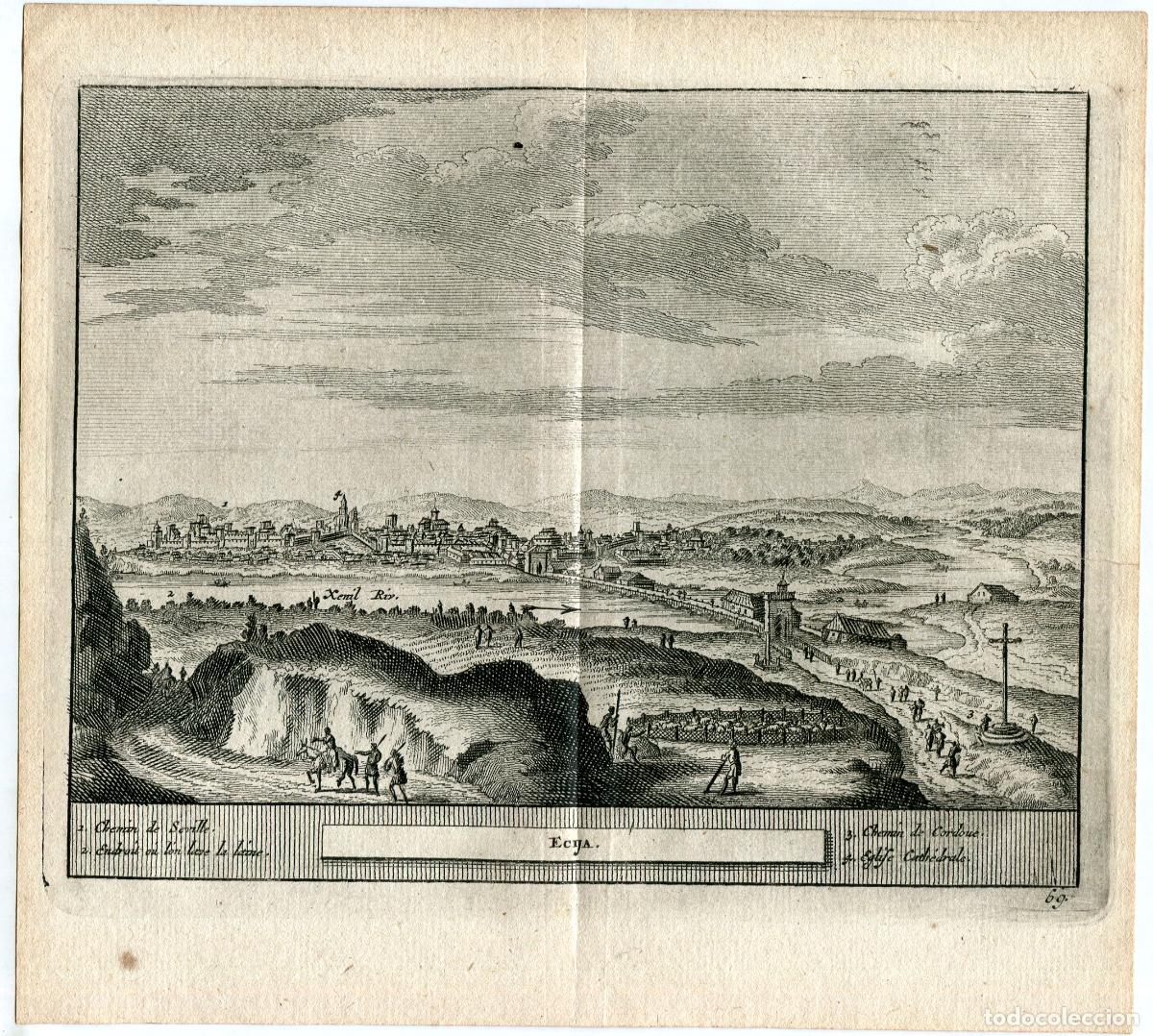 Arte: Vista de &Eacute;cija y el r&iacute;o Genil - Grabado original Van der Aa - 1715