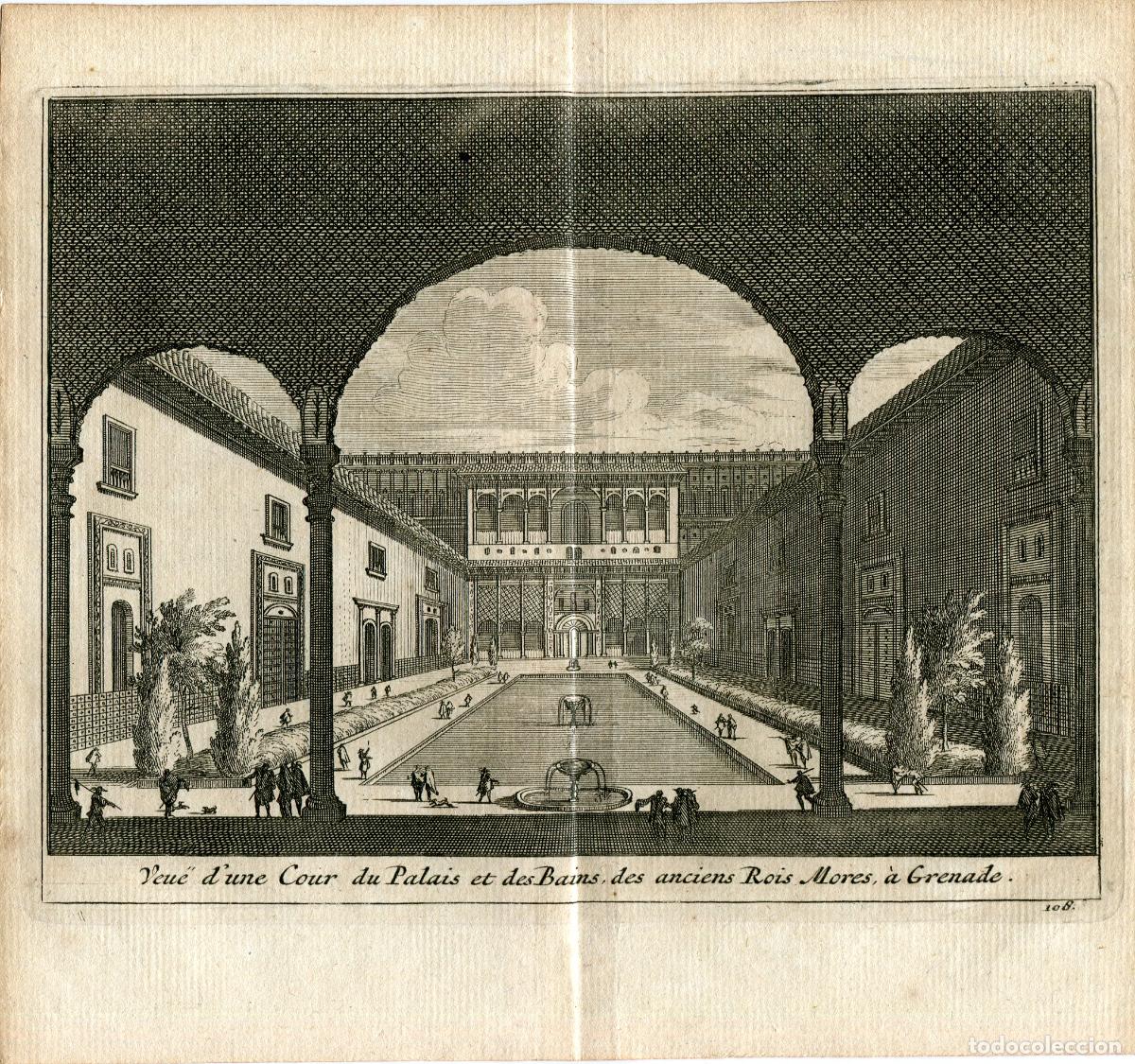 Arte: Patio de la Alhambra de Granada - Grabado original Van der Aa - 1715