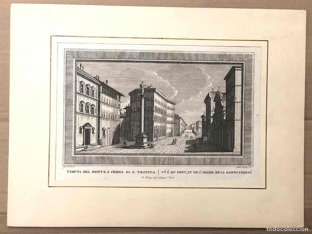 Arte: GRABADO VEDUTA DEL PONTE E CHIESA DI S. TRINITA. FLORENCIA, ITALIA. SIGLO XVIII