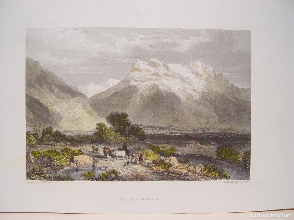 Art: Grindelwald, Suiza - Grabado original coloreado a mano - E. F. Finden - 1833