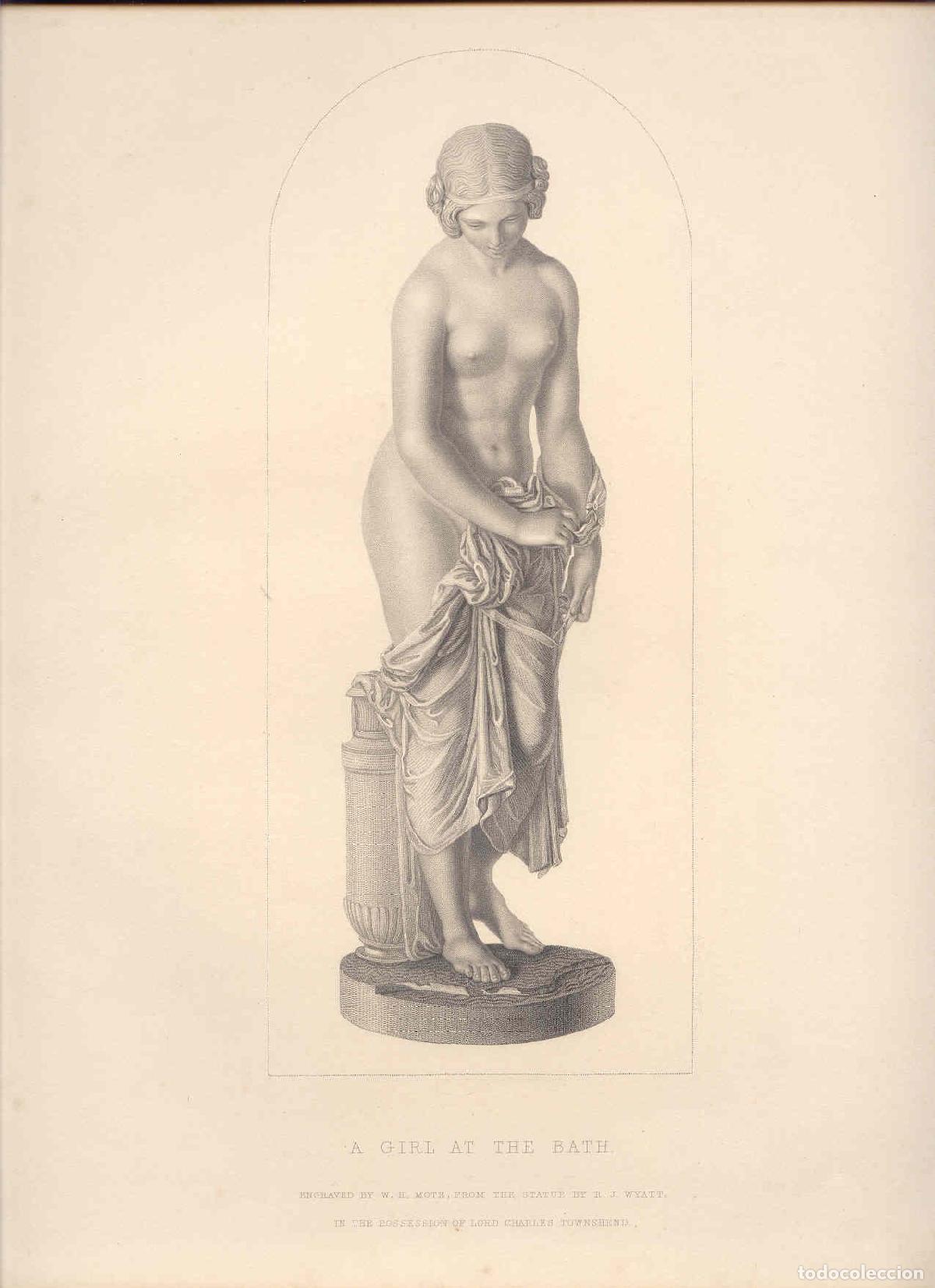 Art: Joven en el ba&ntilde;o - Grabado original de W. H. Mote sobre R. J. Wyatt - 1857