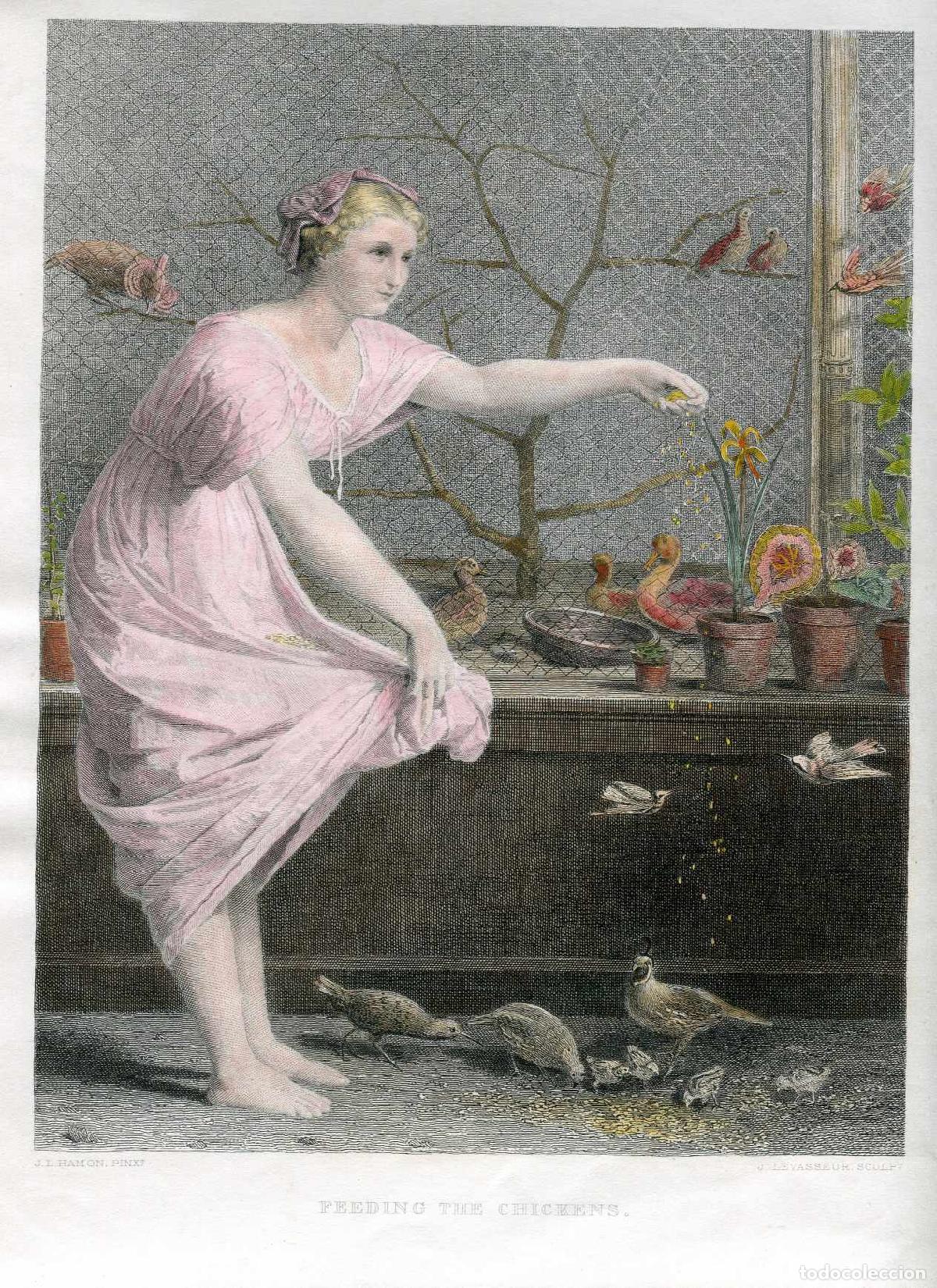 Arte: Feeding the chickens - Grabado coloreado - J.L. Hamon y J. Levasseur - 1879