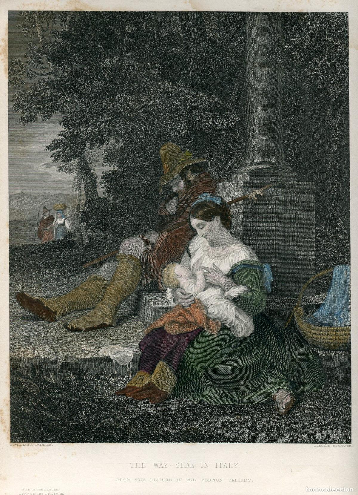 Arte: En un camino de Italia - Grabado coloreado de C. Rolls sobre Williams, 1851