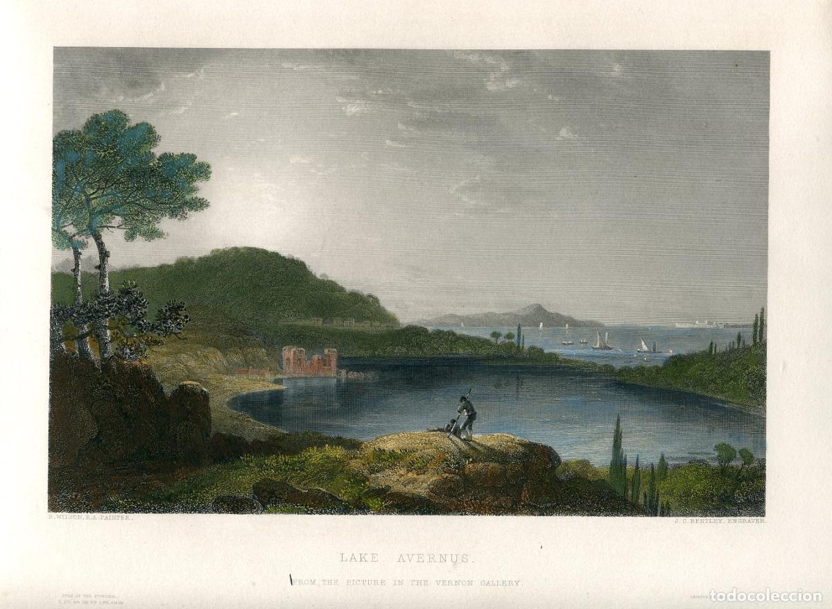 Arte: Lago Averno, Pozzuoli - Grabado original coloreado de J.C. Bentley - 1851