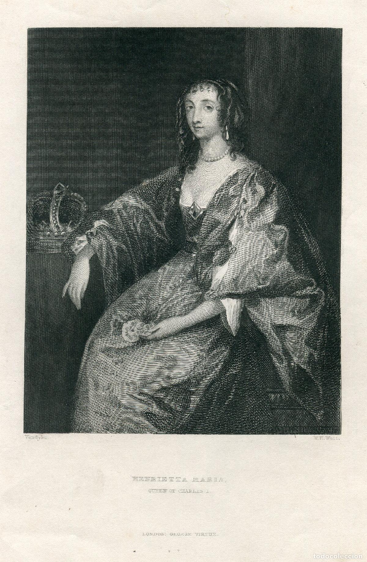 Arte: Enriqueta Mar&iacute;a, reina de Carlos I - Grabado seg&uacute;n Van Dyck - 1840