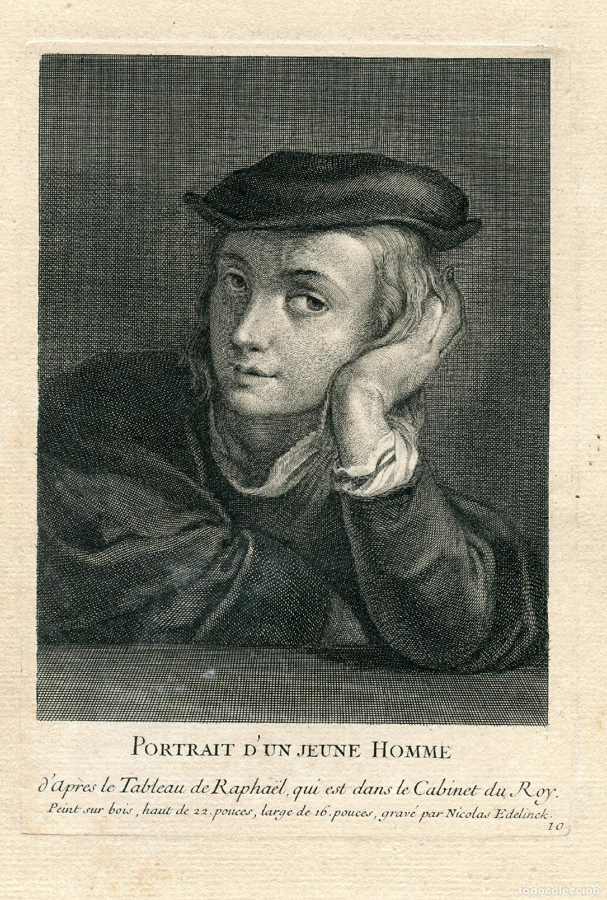Arte: Retrato de joven seg&uacute;n Rafael - Grabado original de N. Edelinck, s. XVIII