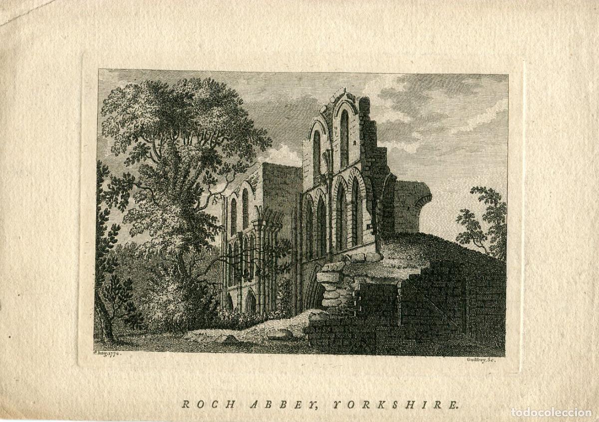 Arte: Roche Abbey, Yorkshire - Grabado original de R. B. Godfrey - 1772