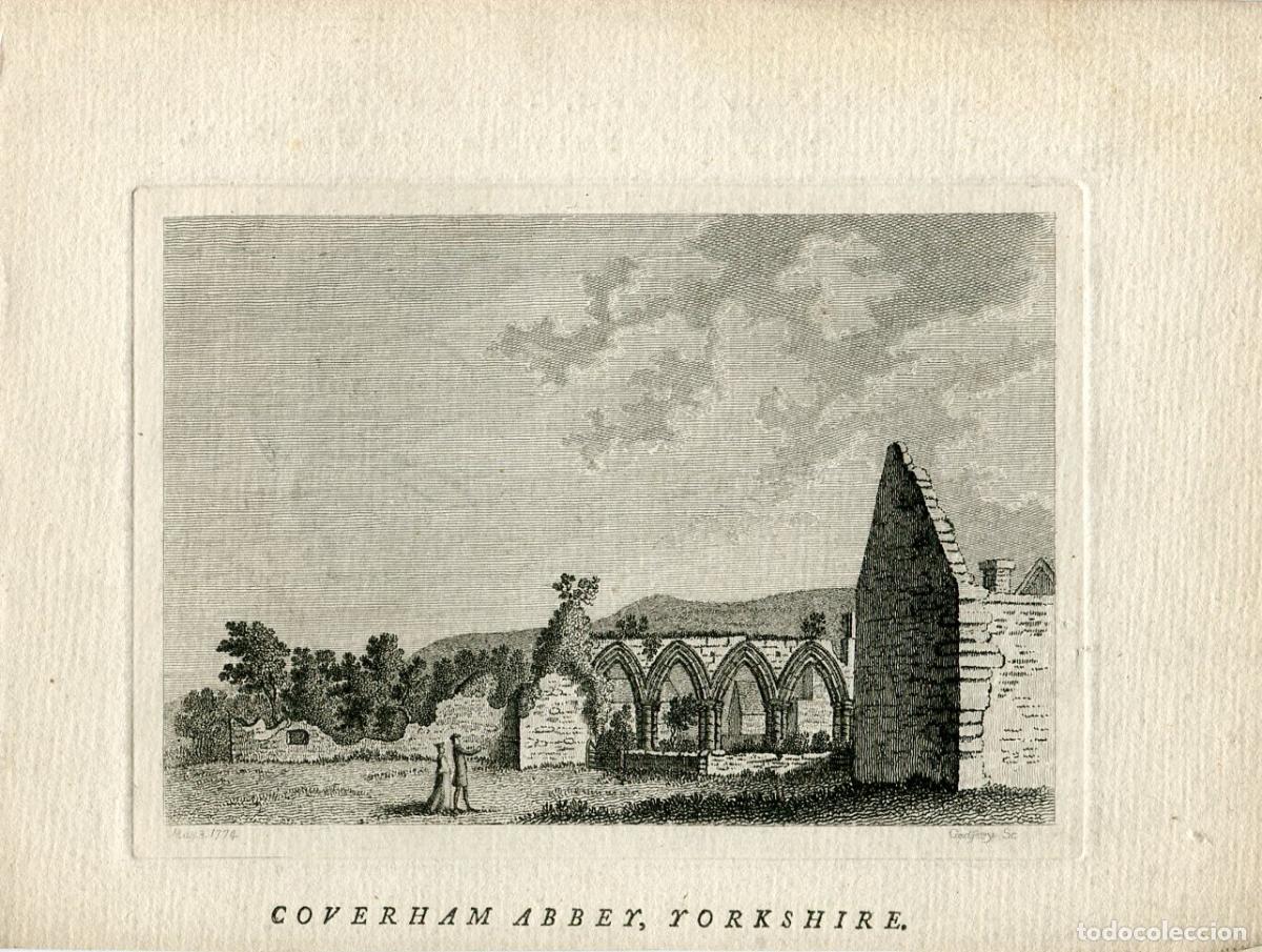 Arte: Coverham Abbey, Yorkshire - Grabado original de R. B. Godfrey - 1774