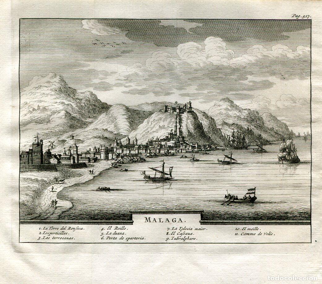Arte: Vista de M&aacute;laga desde el mar - Grabado original Van der Aa - 1707