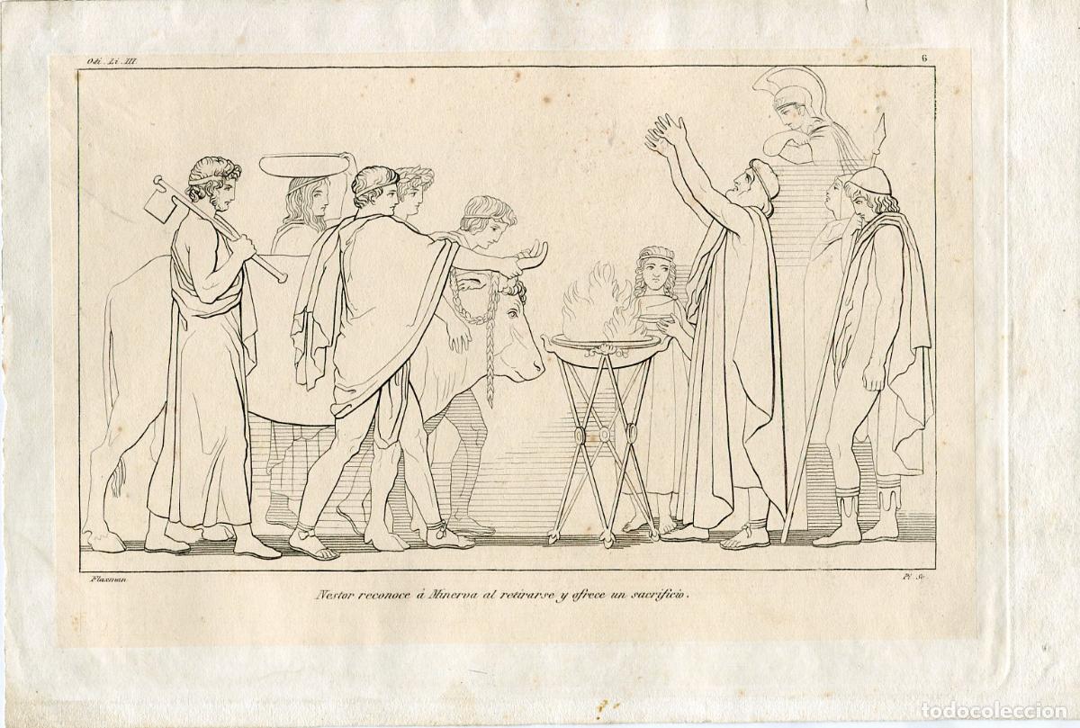 Arte: N&eacute;stor reconoce a Minerva, Odisea - Grabado original Flaxman - s. XIX